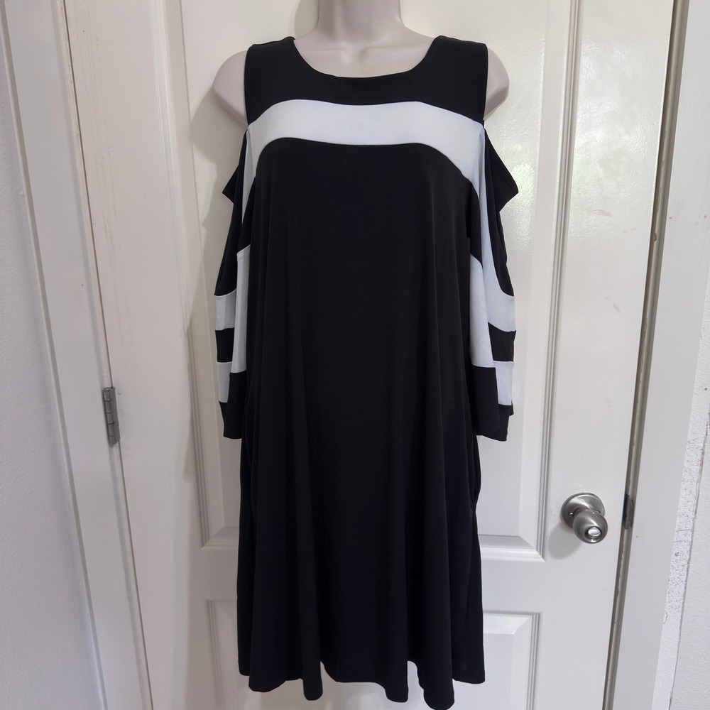 Nina Leonard Black White Cold Shoulder Dress L Pockets Swing Stretch Career
